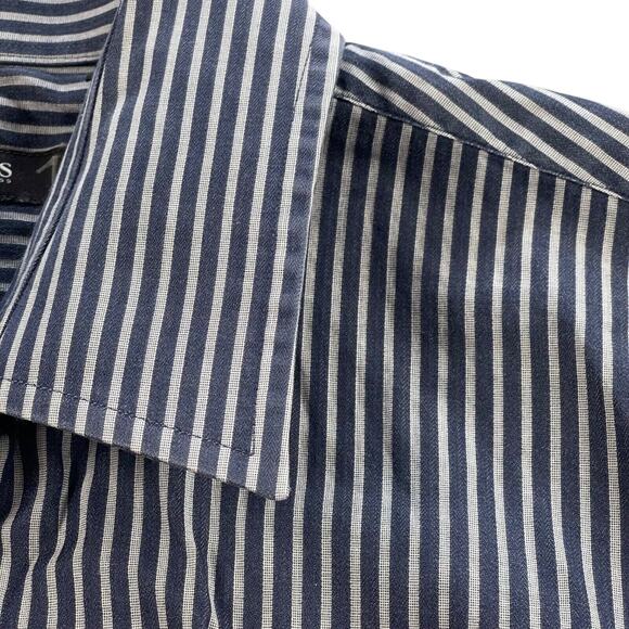 Hugo Boss Dress Shirt Men 16 34/35 Navy Gray Stripe 100% Cotton Enzo Regular Fit - Picture 3 of 16